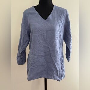 Flax S Linen V-Neck Blue Top 456